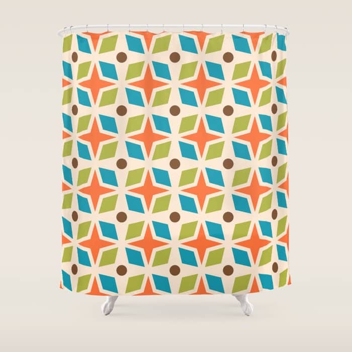 Mid Century Modern Abstract Star Dot Pattern 441 Orange Brown Turquoise Chartreuse Shower Curtain