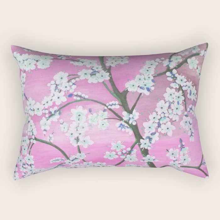 Elegant White Pink Floral Painting Pattern Rectangular Pillow
