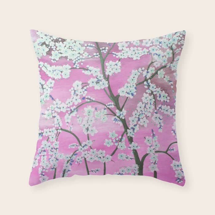 Elegant White Pink Floral Painting Pattern Throw Pillow
