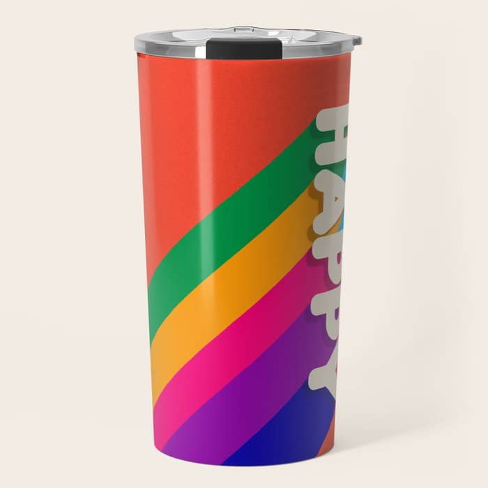 Be Happy - Rainbow Retro Typography Travel Mug