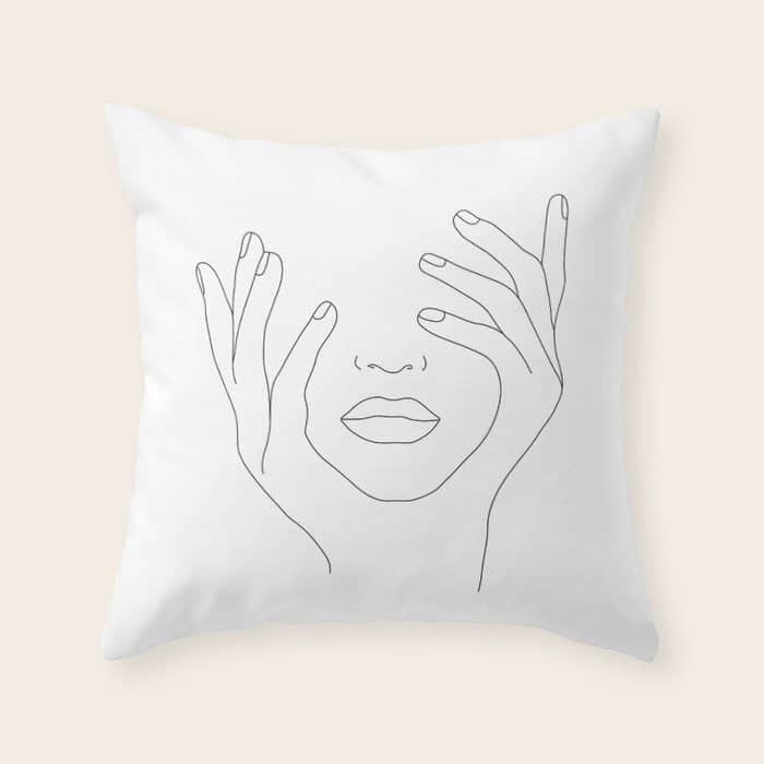 Minimal Line Art Woman With Hands On Face Throw Pillow