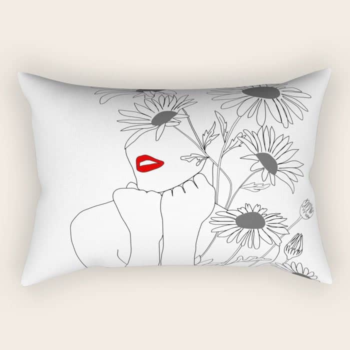 Minimal Line Art Girl With Sunflowers Rectangular Pillow