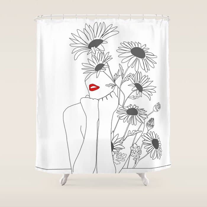 Minimal Line Art Girl With Sunflowers Shower Curtain
