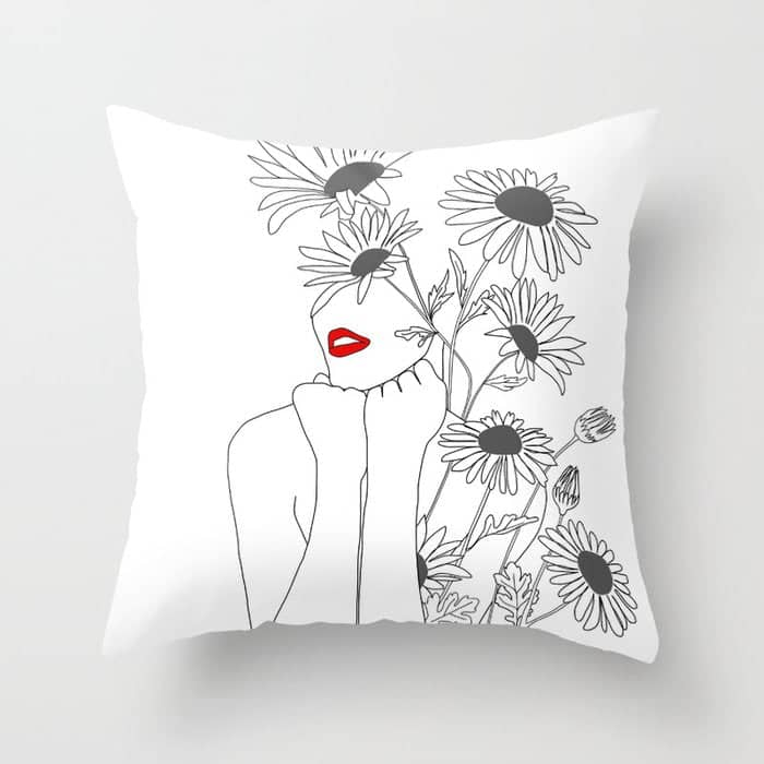 Minimal Line Art Girl With Sunflowers Throw Pillow