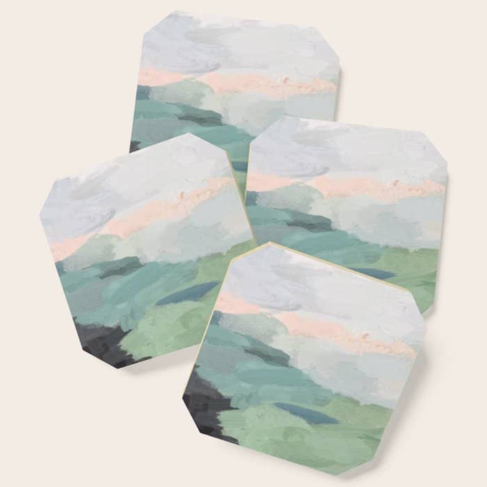 Farmland Sunset Ii - Seafoam Green Mint Black Blush Pink Abstract Nature Land Art Painting Coaster