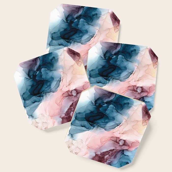 Pastel Plum, Deep Blue, Blush And Gold Abstract Painting Coaster
