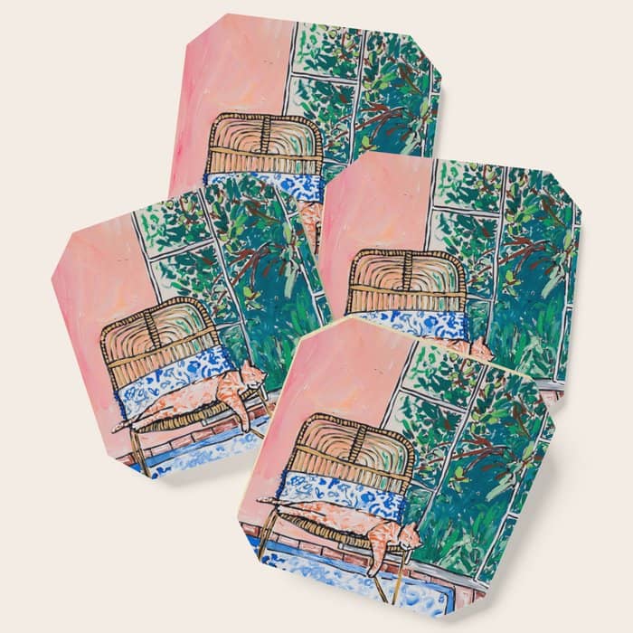 Napping Ginger Cat In Pink Jungle Garden Room Coaster