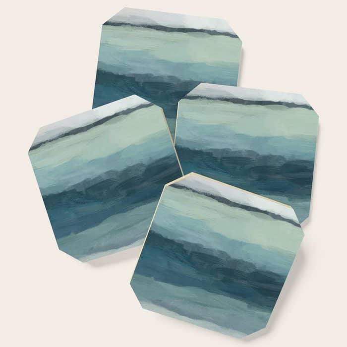 Sea Levels - Seafoam Green Mint Navy Blue Abstract Ocean Art Painting Coaster