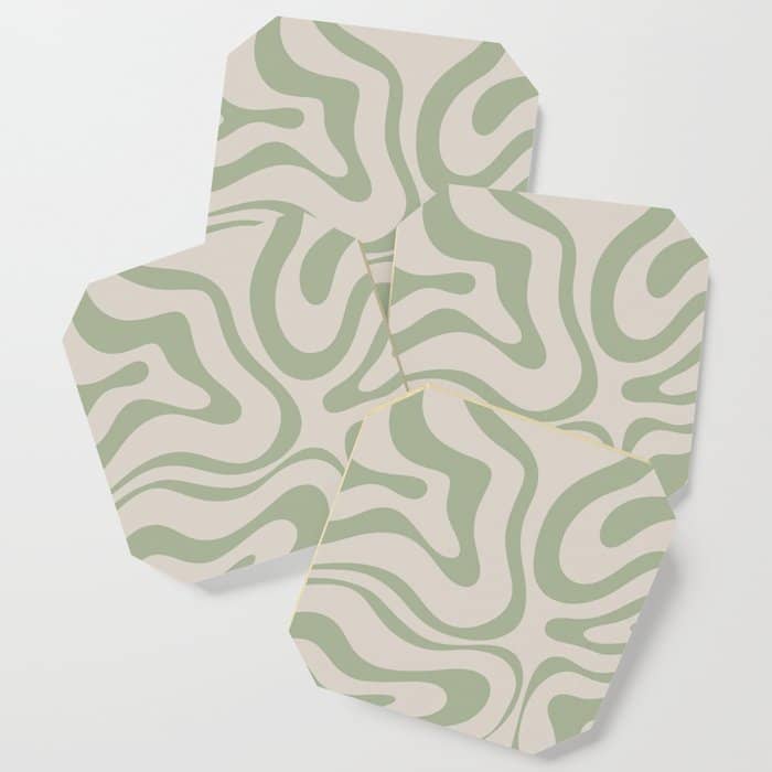 Liquid Swirl Abstract Pattern In Almond And Sage Green Coaster
