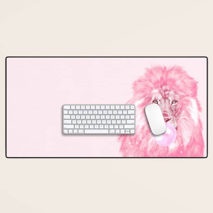 Lion Chewing Bubble Gum In Pink Desk Mat