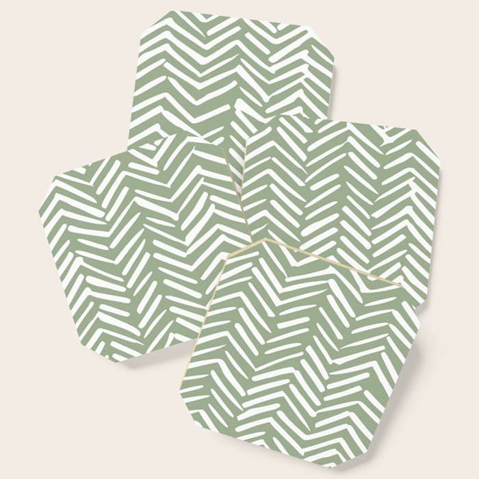 Boho, Abstract, Herringbone Pattern, Sage Green And White Coaster
