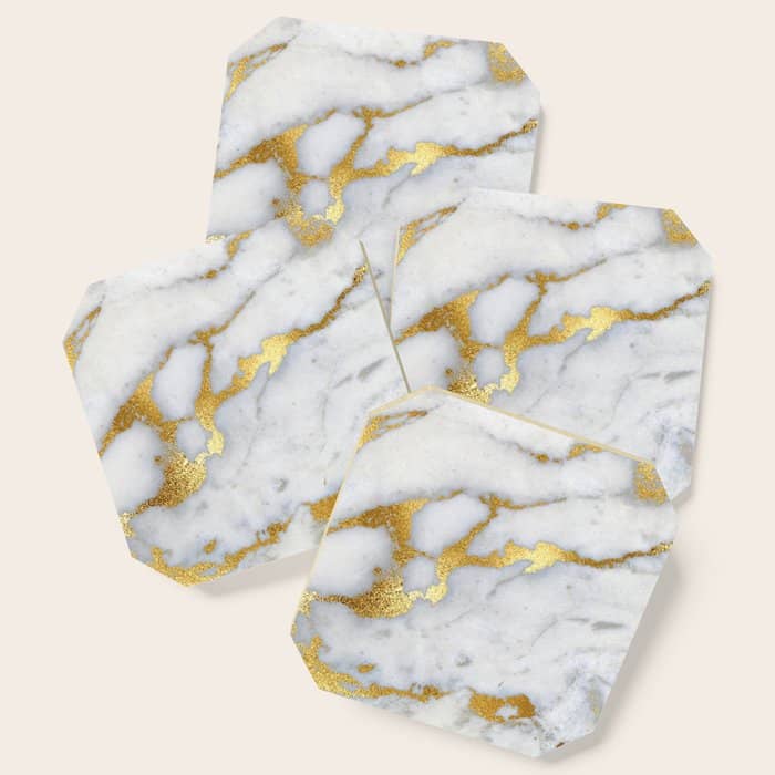White And Gray Marble And Gold Metal Foil Glitter Effect Coaster