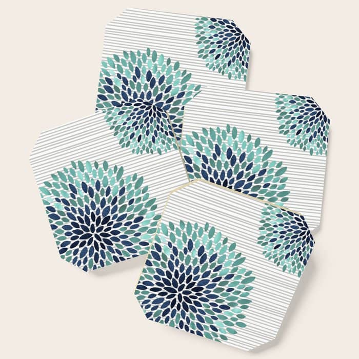Blooms And Stripes, Aqua And Navy Coaster