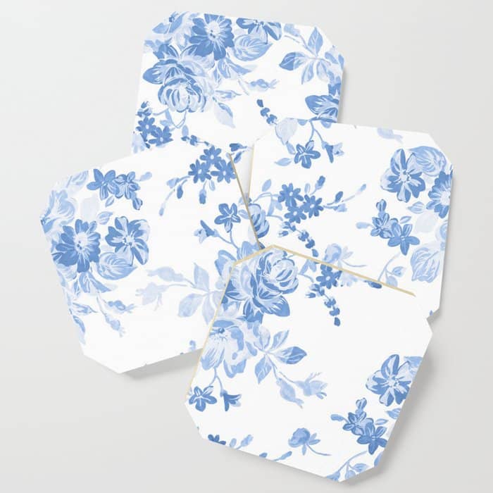 Modern Navy Blue White Watercolor Elegant Floral Coaster