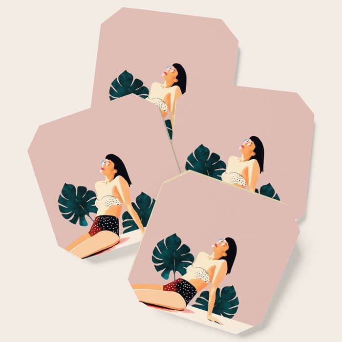 Sunday, Summer Swim Poolside Fashion, Bohemian Woman Sunbath Tan Bikini Monstera Tropical Travel Coaster