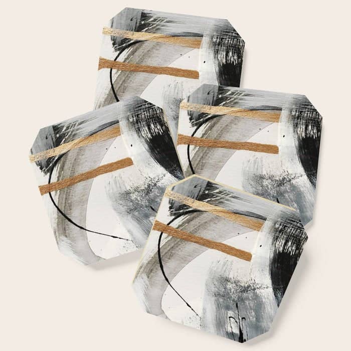 Armor [7]: A Bold Minimal Abstract Mixed Media Piece In Gold, Black And White Coaster