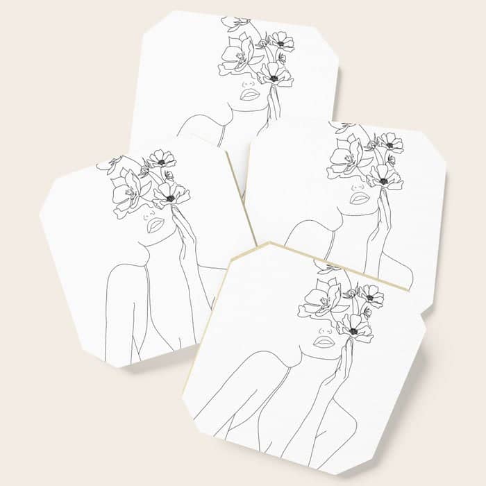 Minimal Line Art Woman With Flowers Coaster
