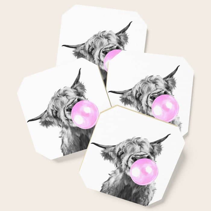 Bubble Gum Highland Cow Black And White Coaster