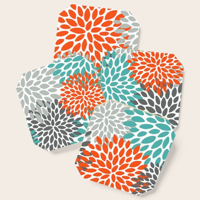 Floral Pattern, Abstract, Orange, Teal And Gray Coaster