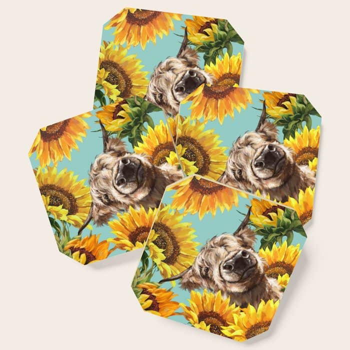 Highland Cow With Sunflowers In Blue Coaster