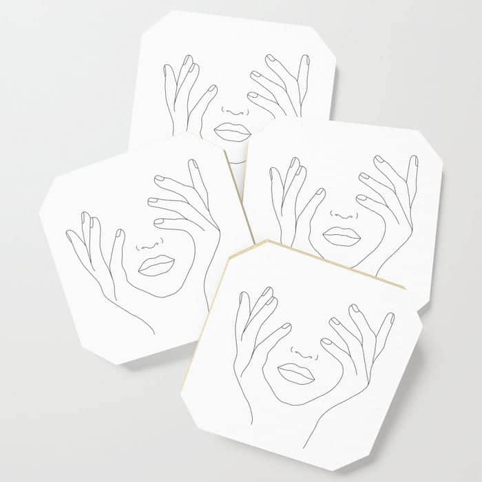 Minimal Line Art Woman With Hands On Face Coaster