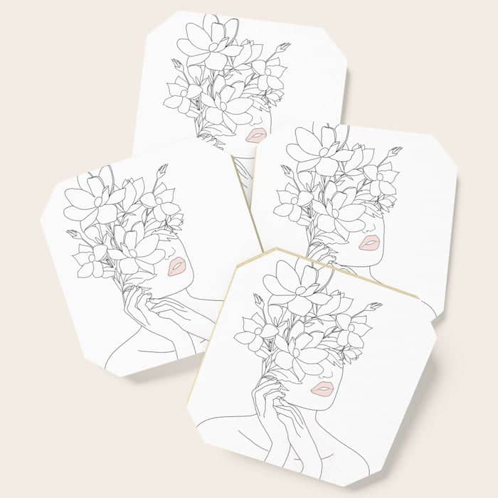 Minimal Line Art Woman With Magnolia Coaster