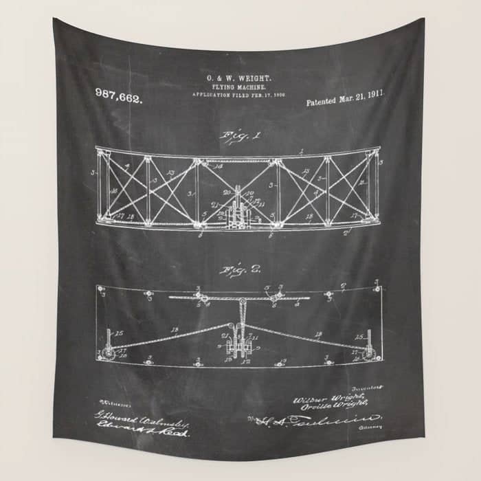 Wright Brother'S Plane Patent - Aviation Art - Black Chalkboard Wall Tapestry