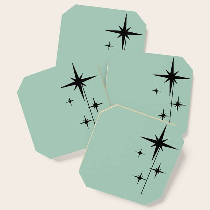 1950s Atomic Age Retro Starbursts In Aqua Mint And Black Coaster