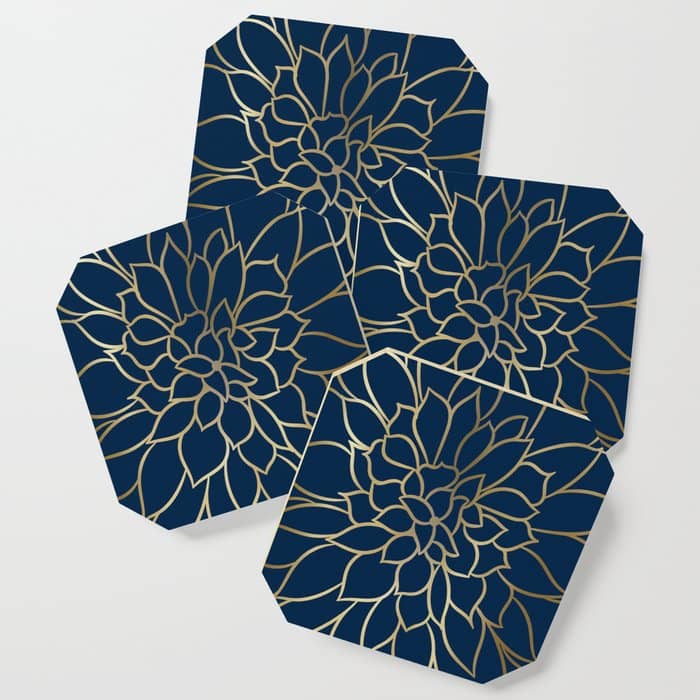 Floral Prints, Line Art, Navy Blue And Gold Coaster