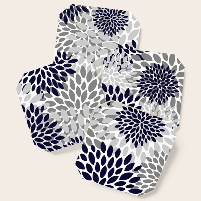 Abstract, Floral Prints, Navy Blue And Grey Coaster