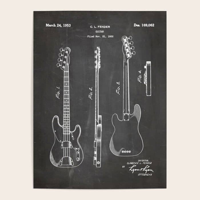 Bass Guitar Patent - Bass Guitarist Art - Black Chalkboard Poster