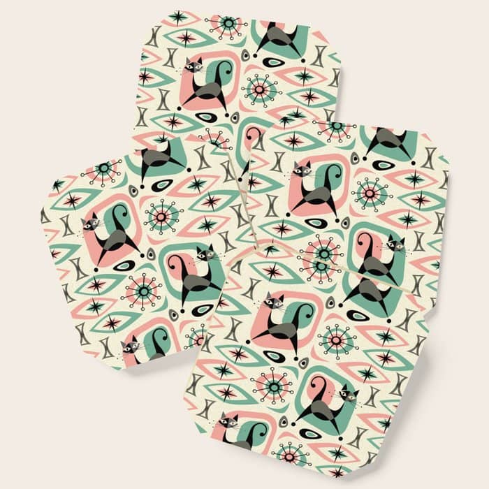 Mid Century Cat Abstract - Pink Aqua Coaster
