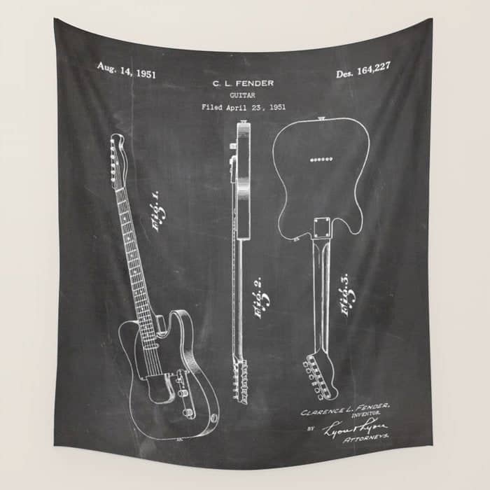 Electric Guitar Patent - Guitar Player Art - Black Chalkboard Wall Tapestry