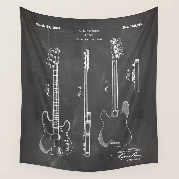 Bass Guitar Patent - Bass Guitarist Art - Black Chalkboard Wall Tapestry