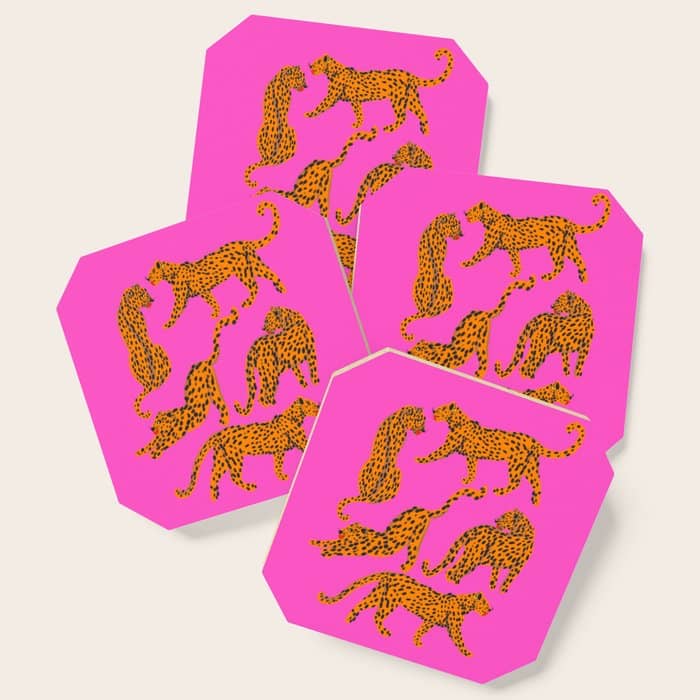Abstract Leopard With Red Lips Illustration In Fuchsia Background  Coaster