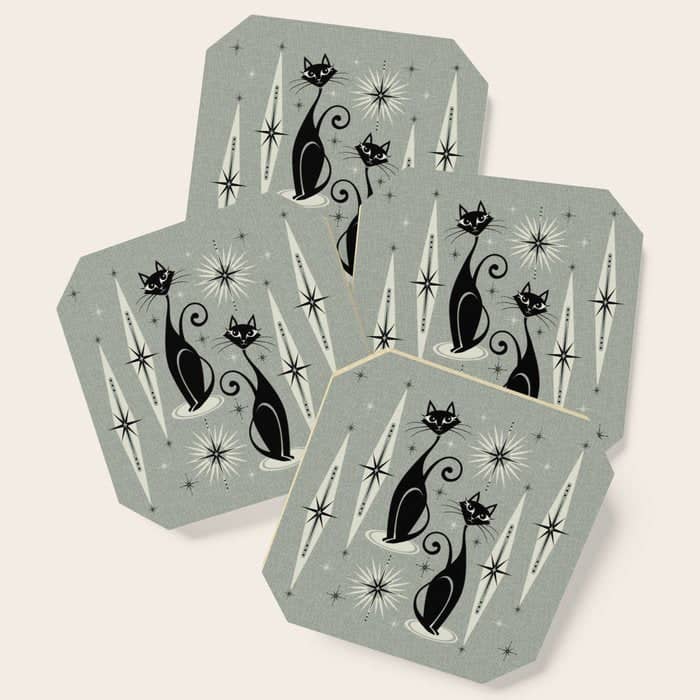 Mid Century Meow Retro Atomic Cats - Gray Coaster