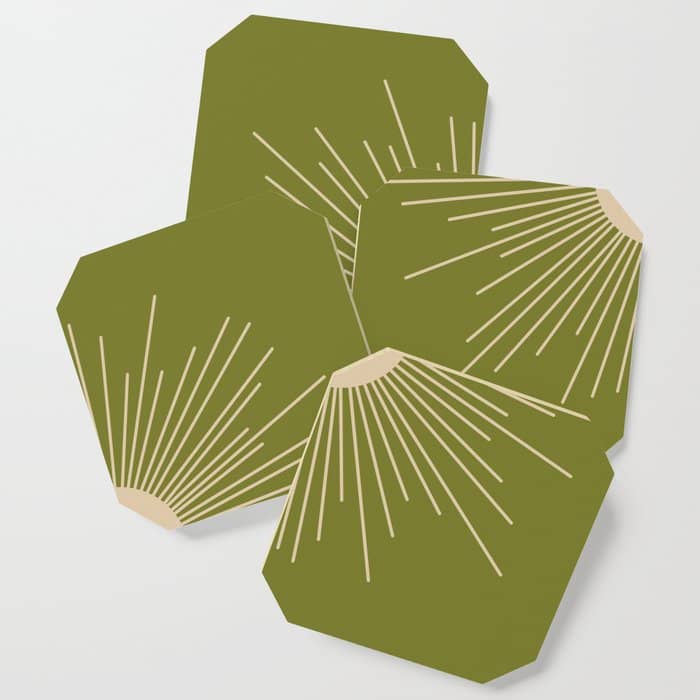 Mid-Century Modern Sunburst - Minimalist Sun In Mid Mod Beige And Olive Green Coaster