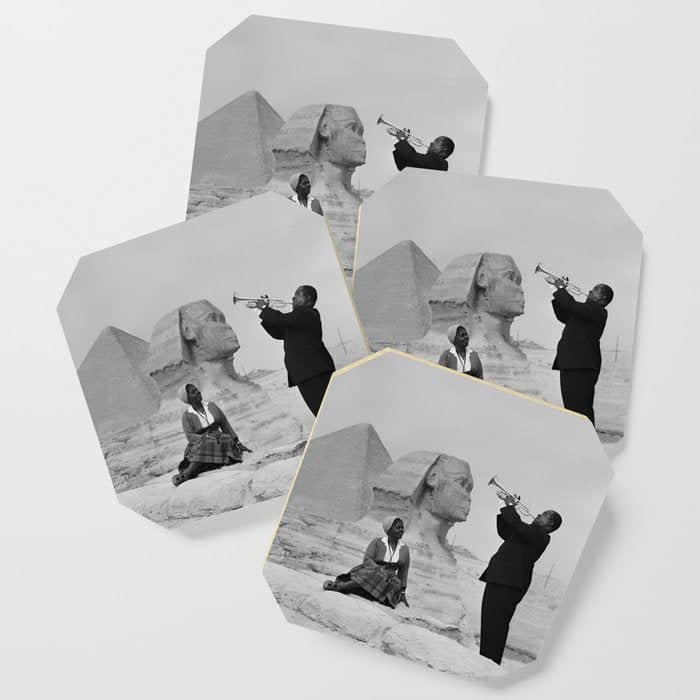 Louis Armstrong At The Spinx And Egyptian Pyrimids Vintage Black And White Photography / Photographs Coaster