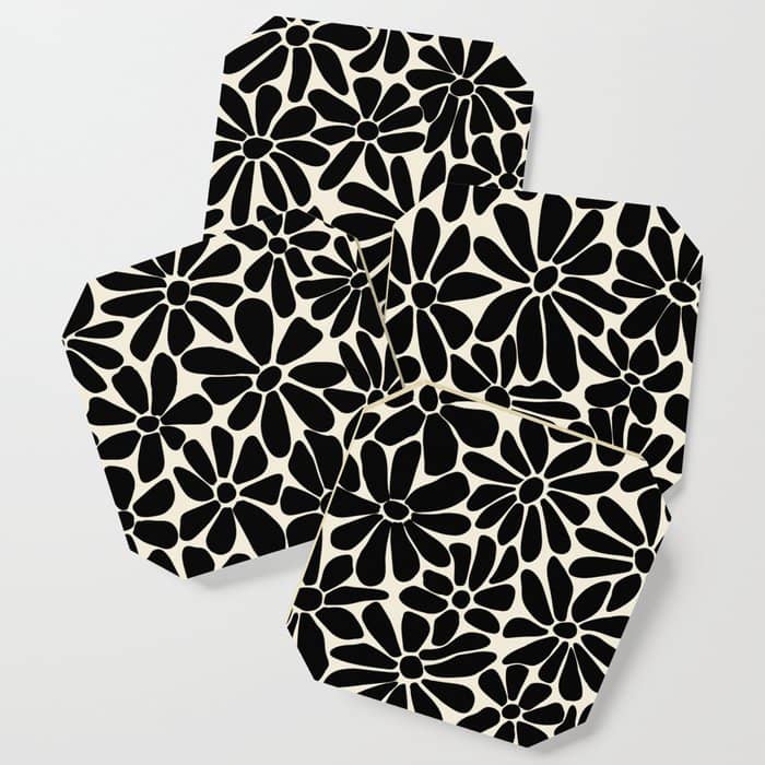 Black And White Retro Floral Art Print  Coaster
