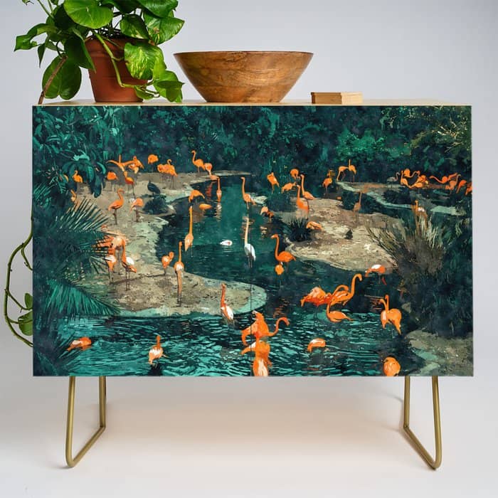 Flamingo Creek #Flamingo #Tropical #Illustration Credenza