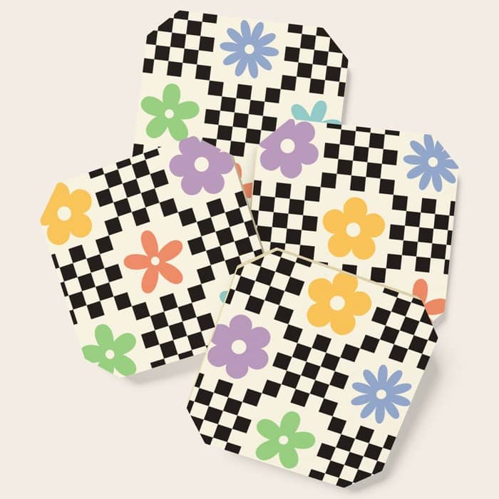 Retro Colorful Flower Double Checker Coaster
