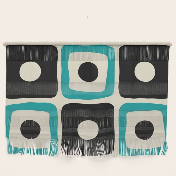 Mid Century Modern Square Dot Pattern 593 Black And Turquoise Wall Hanging