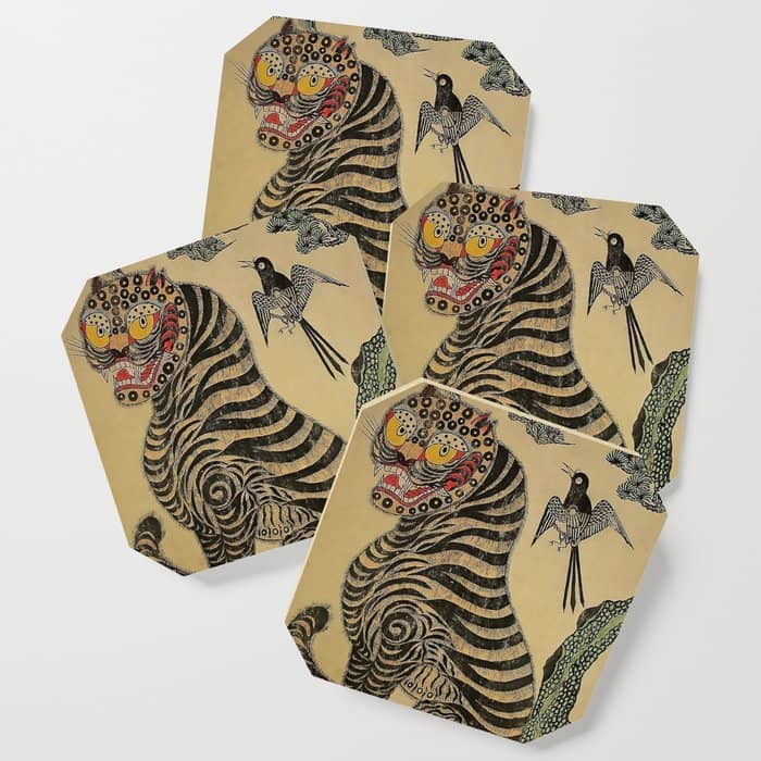 Striped Vintage Minhwa Tiger And Magpie Coaster