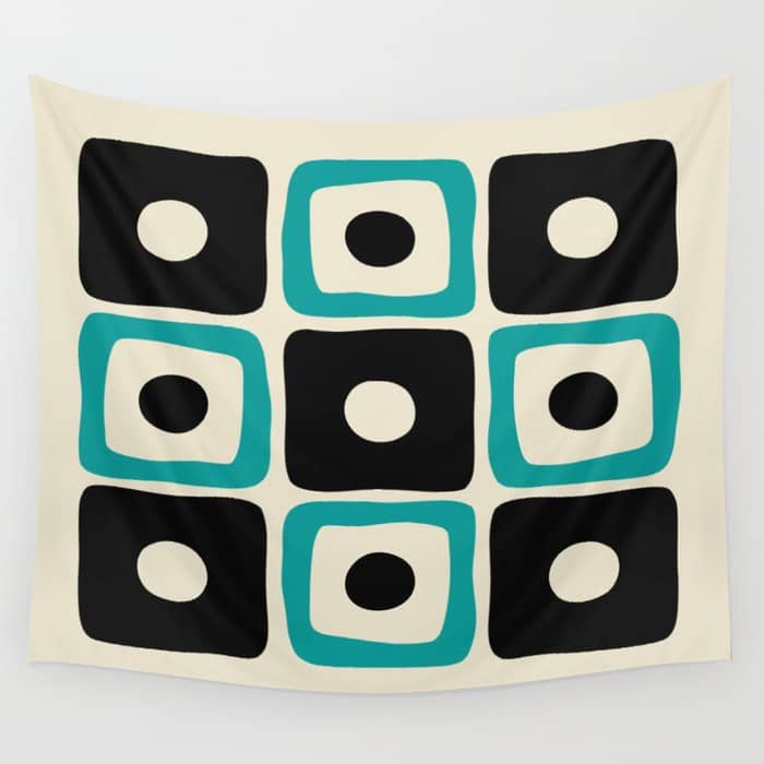 Mid Century Modern Square Dot Pattern 593 Black And Turquoise Wall Tapestry