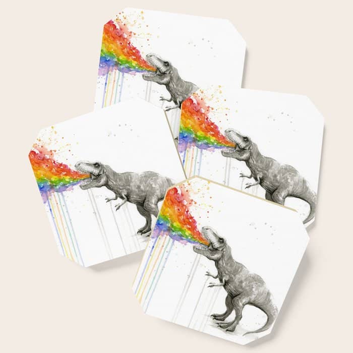 T-Rex Dinosaur Rainbow Puke Taste The Rainbow Watercolor Coaster