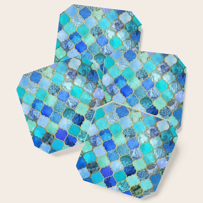 Cobalt Blue, Aqua & Gold Decorative Moroccan Tile Pattern Coaster