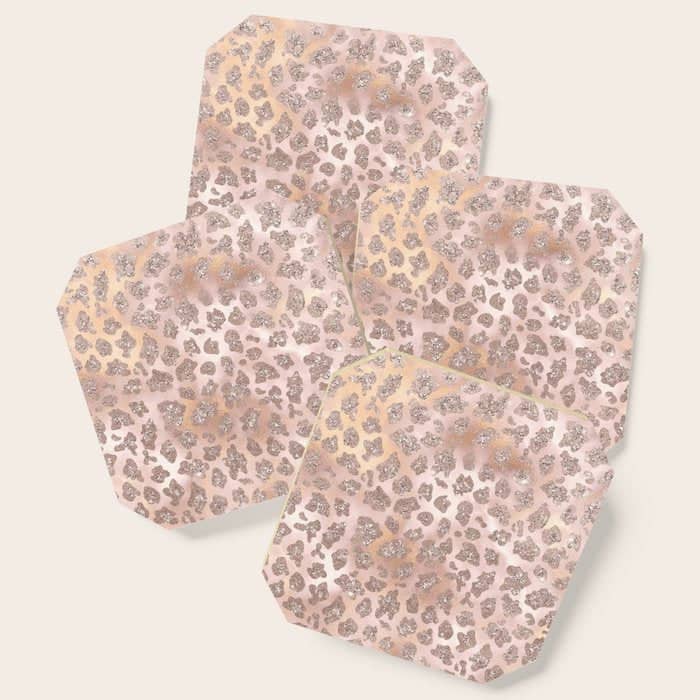 Rosegold Blush Leopard Glitter   Coaster
