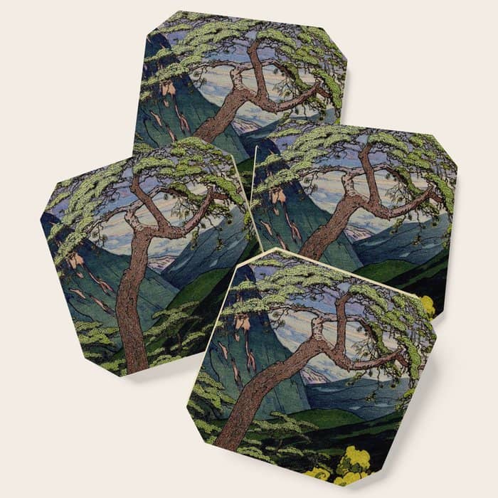 The Downwards Climbing - Summer Tree & Mountain Ukiyoe Nature Landscape In Green Coaster