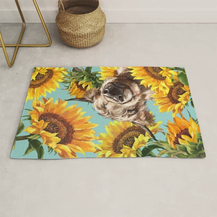 Highland Cow With Sunflowers In Blue Rug