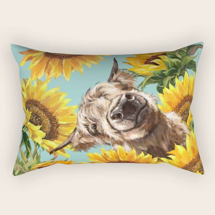 Highland Cow With Sunflowers In Blue Rectangular Pillow